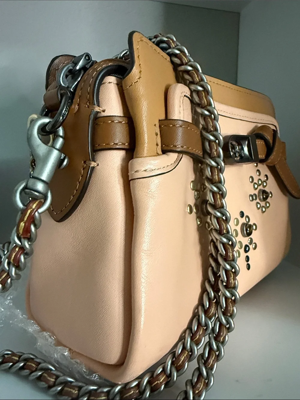 Coach Restored Kate Carryall Peach and Tan Studded Floral Leather Crossbody EUC